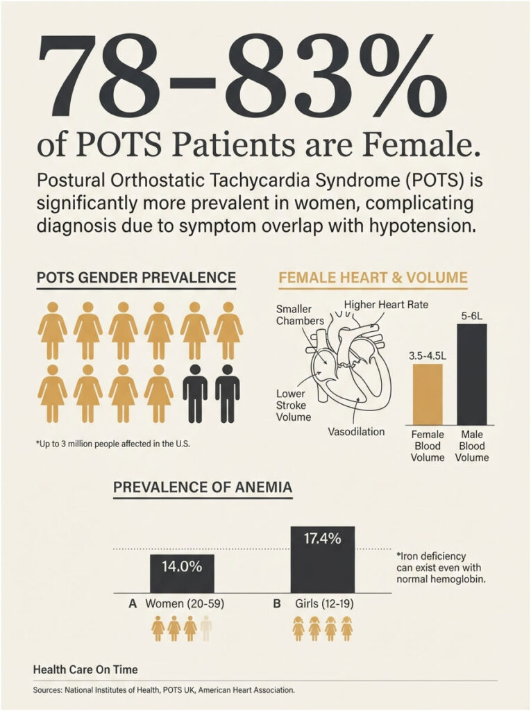 Infographic showing POTS gender prevalence, female heart volume, and anemia statistics with icons and charts.