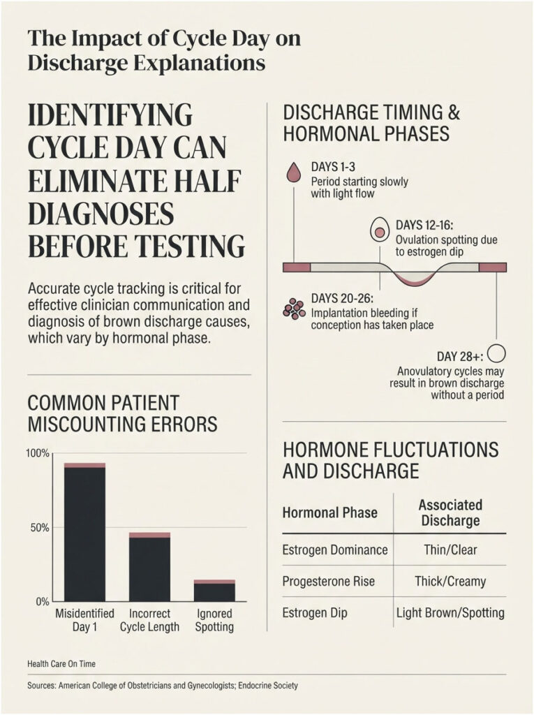 Infographic detailing cycle day impact on discharge, including hormonal phases and common patient miscounting errors.