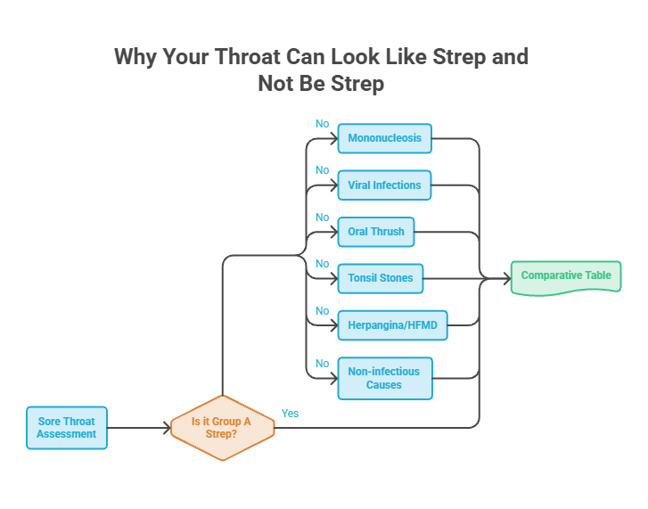 Flowchart assessing throat conditions that resemble strep, including mononucleosis and viral infections. Infographic.