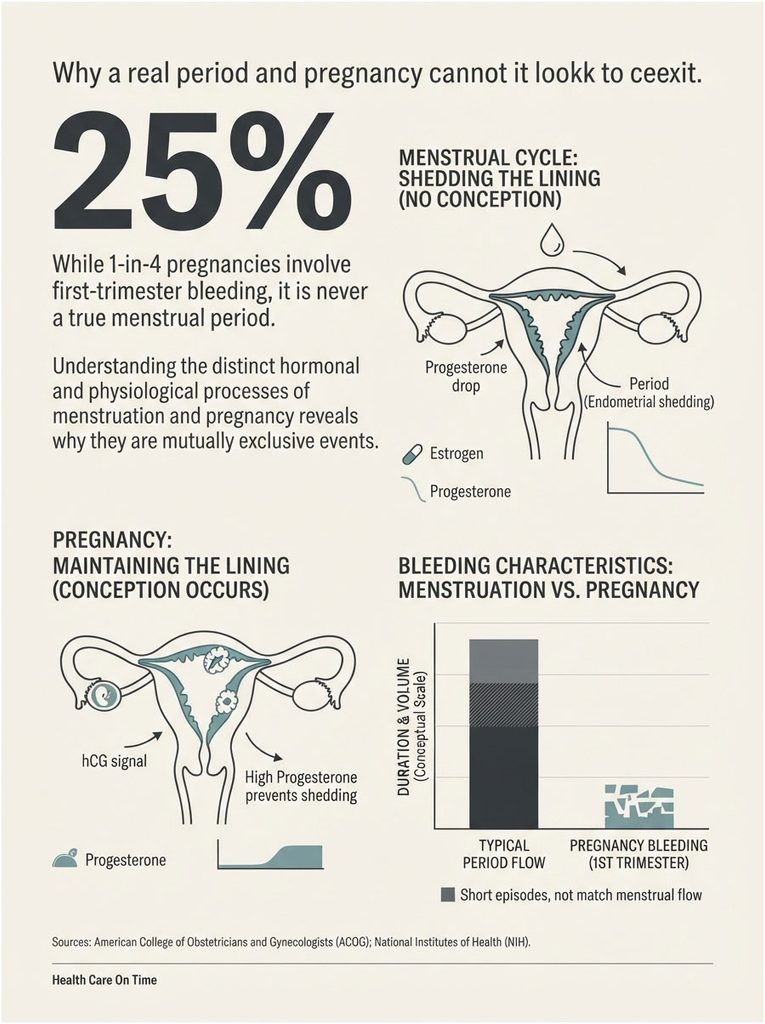 Infographic explaining the differences between menstrual bleeding and pregnancy bleeding with charts and illustrations.