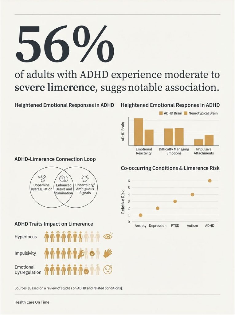 Infographic showing 56% of adults with ADHD experience severe limerence, highlighting emotional responses and risks.