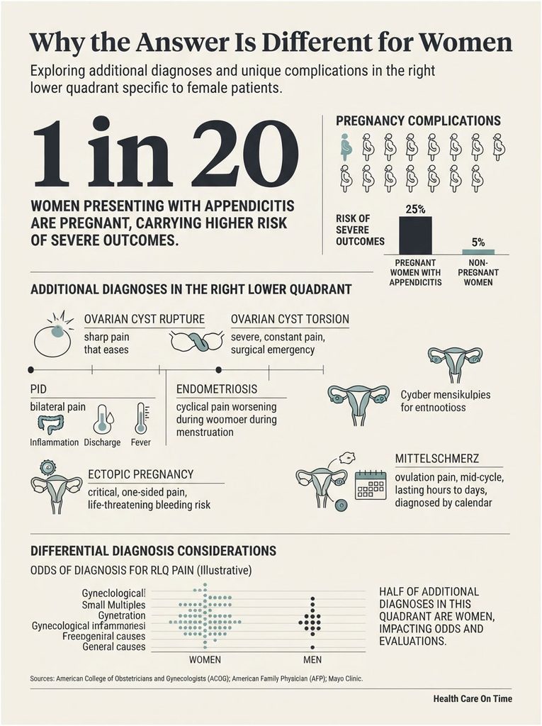 Infographic showing diagnoses and complications for women with appendicitis, highlighting risks and statistics.