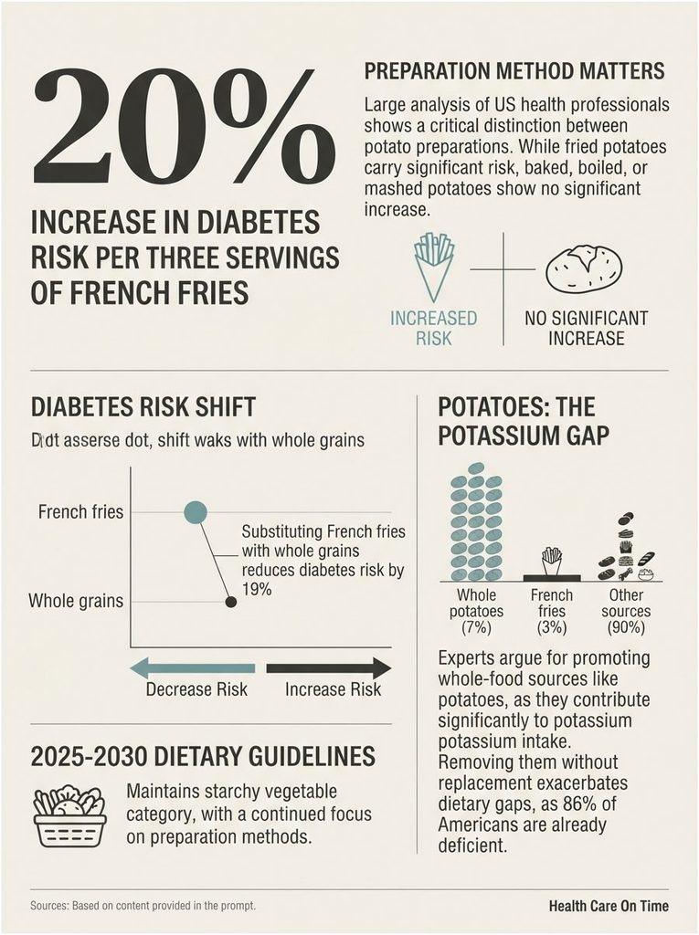 Infographic showing diabetes risk increase from French fries, preparation methods, and potassium sources in diets.