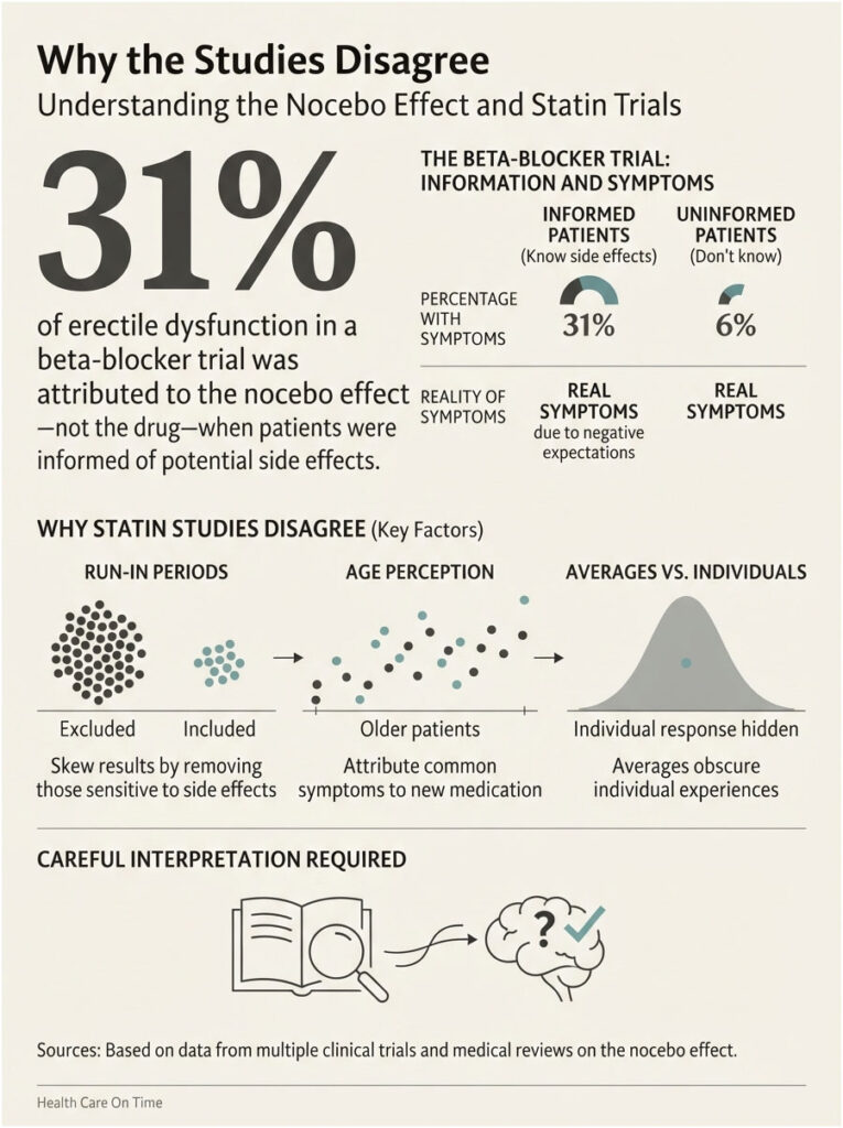 Infographic explaining the nocebo effect in beta-blocker trials, showing statistics and key factors of disagreement.