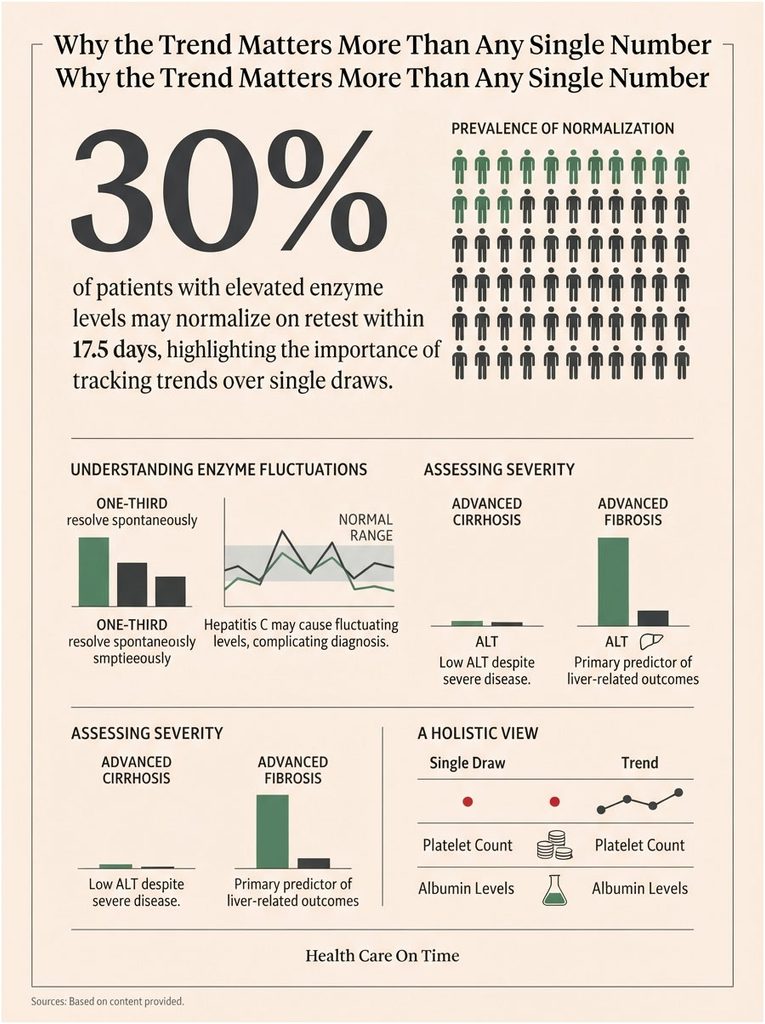 Infographic showing enzyme normalization statistics, trends, and assessment of liver conditions with charts and icons.