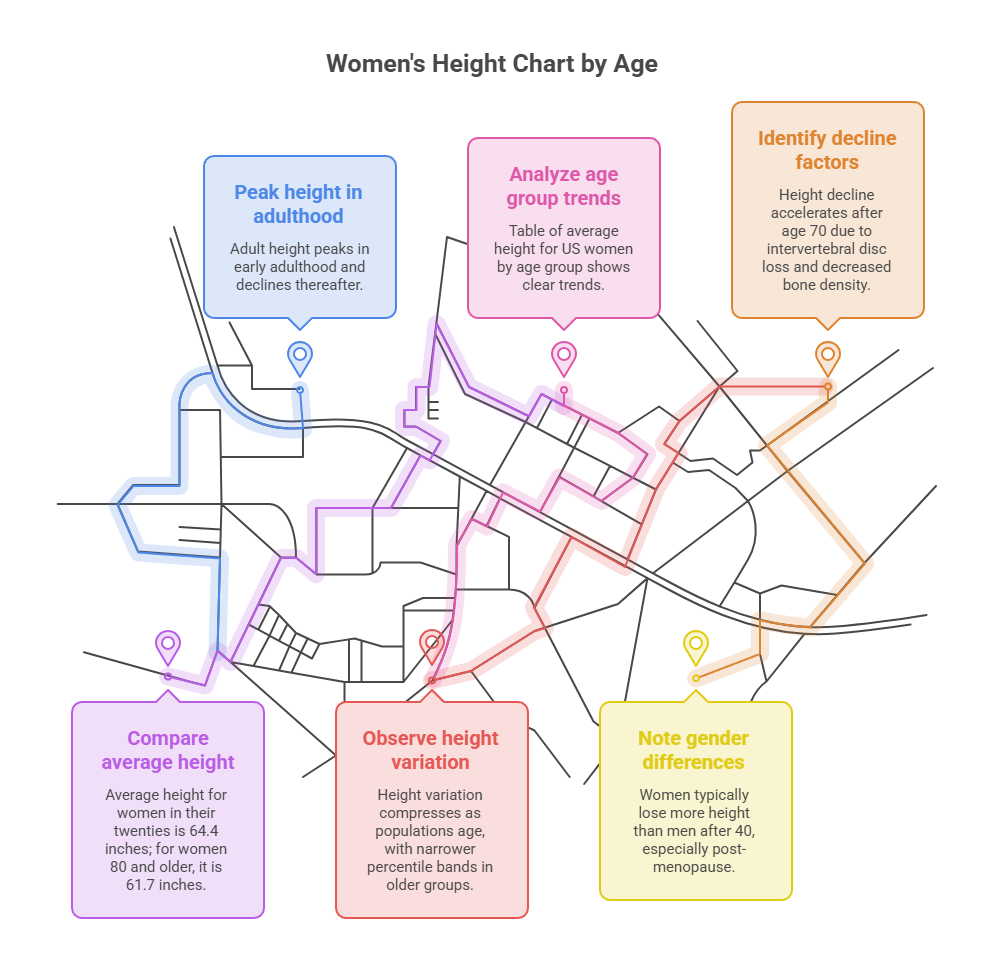 Women's height chart by age shows trends, average heights, and factors affecting height in colorful boxes. Infographic.