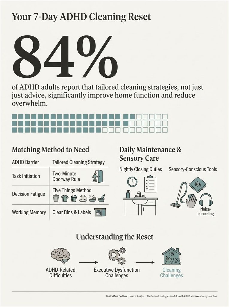 Infographic showing 84% of ADHD adults benefit from tailored cleaning strategies, with methods and tools listed.