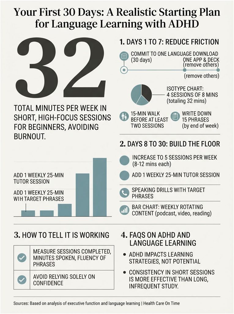 Infographic detailing a 30-day language learning plan for ADHD, featuring charts and key strategies for success.