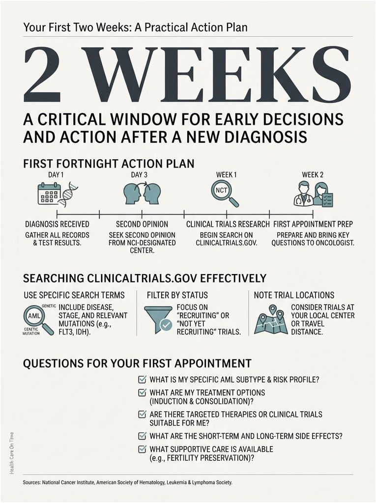 Infographic outlining a two-week action plan after a new diagnosis, including steps and questions for appointments.