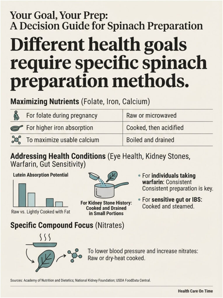 Infographic detailing spinach preparation methods for health goals, including nutrient maximization and health conditions.