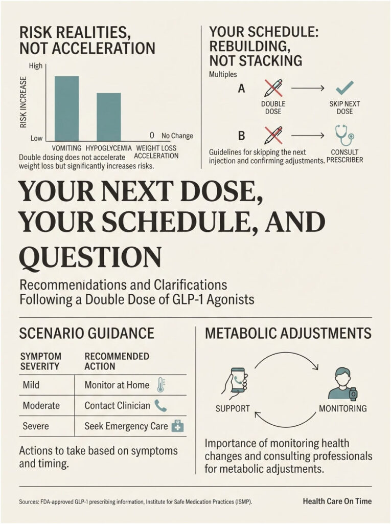 Infographic detailing risks of double dosing GLP-1 agonists, including charts and guidelines for symptom management.