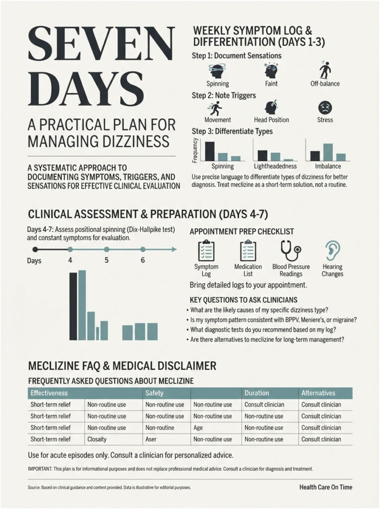 Infographic detailing a seven-day plan for managing dizziness, including symptom logs, assessments, and questions for clinicians.