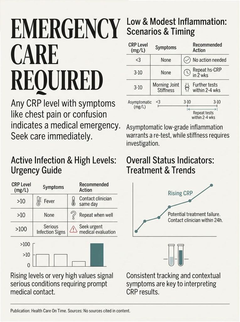 Infographic detailing CRP levels, symptoms, and recommended actions for emergency care and treatment trends.