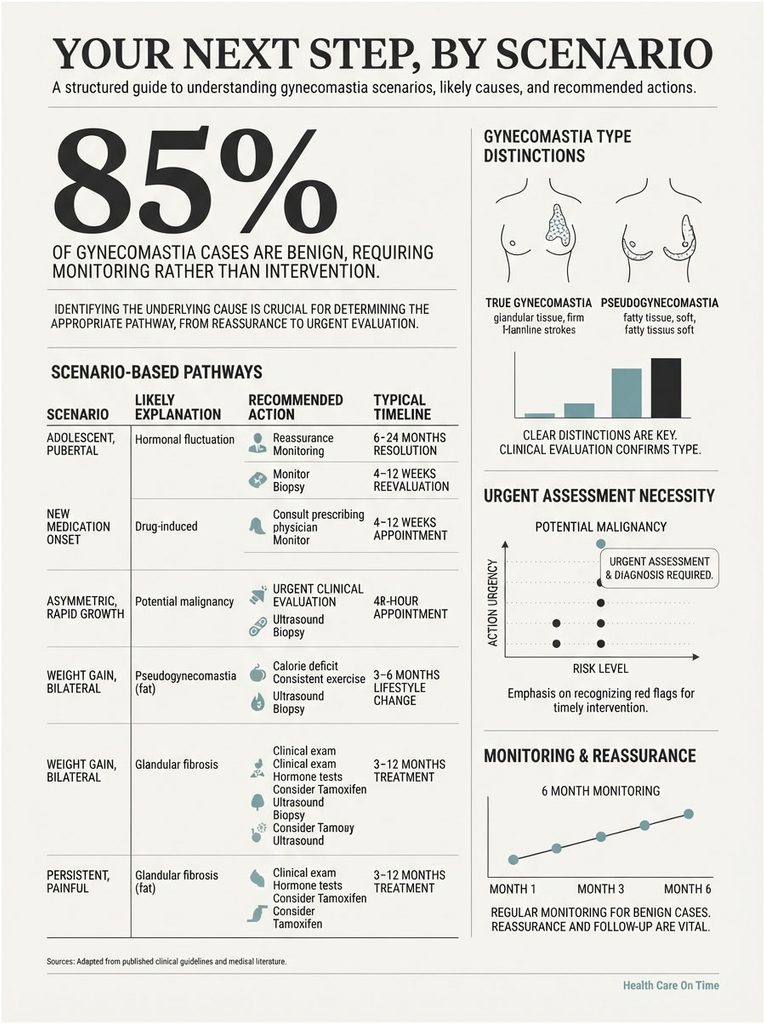 Infographic detailing gynecomastia scenarios, statistics, recommended actions, and monitoring timelines.