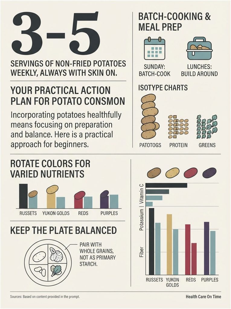 Infographic showing potato consumption guidelines, nutrient charts, and meal prep tips with colorful illustrations.