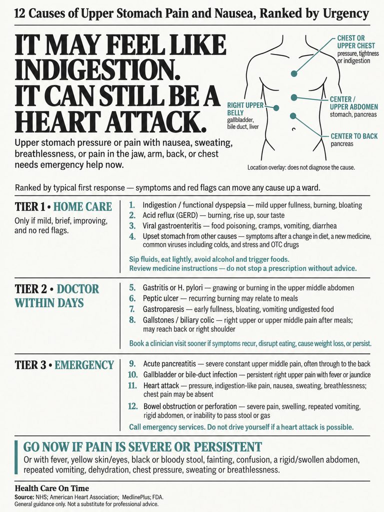 Infographic detailing causes of upper stomach pain and nausea, ranked by urgency with symptoms and responses.
