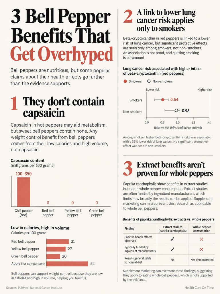 Infographic showing three overhyped benefits of bell peppers, including capsaicin content and lung cancer risk statistics.