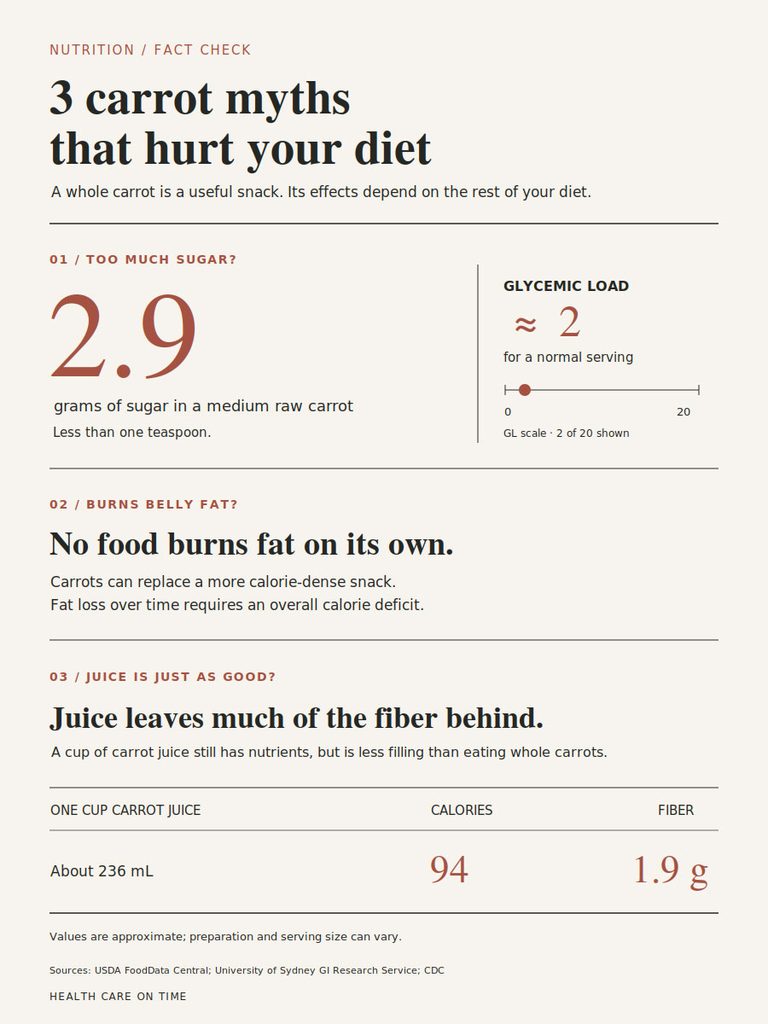 Infographic explaining three carrot myths that hurt your diet, including sugar content and fiber loss in juice.