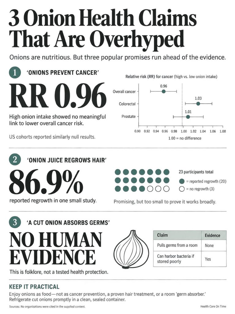 Infographic showing three onion health claims: cancer prevention, hair regrowth, and germ absorption with statistics and evidence.