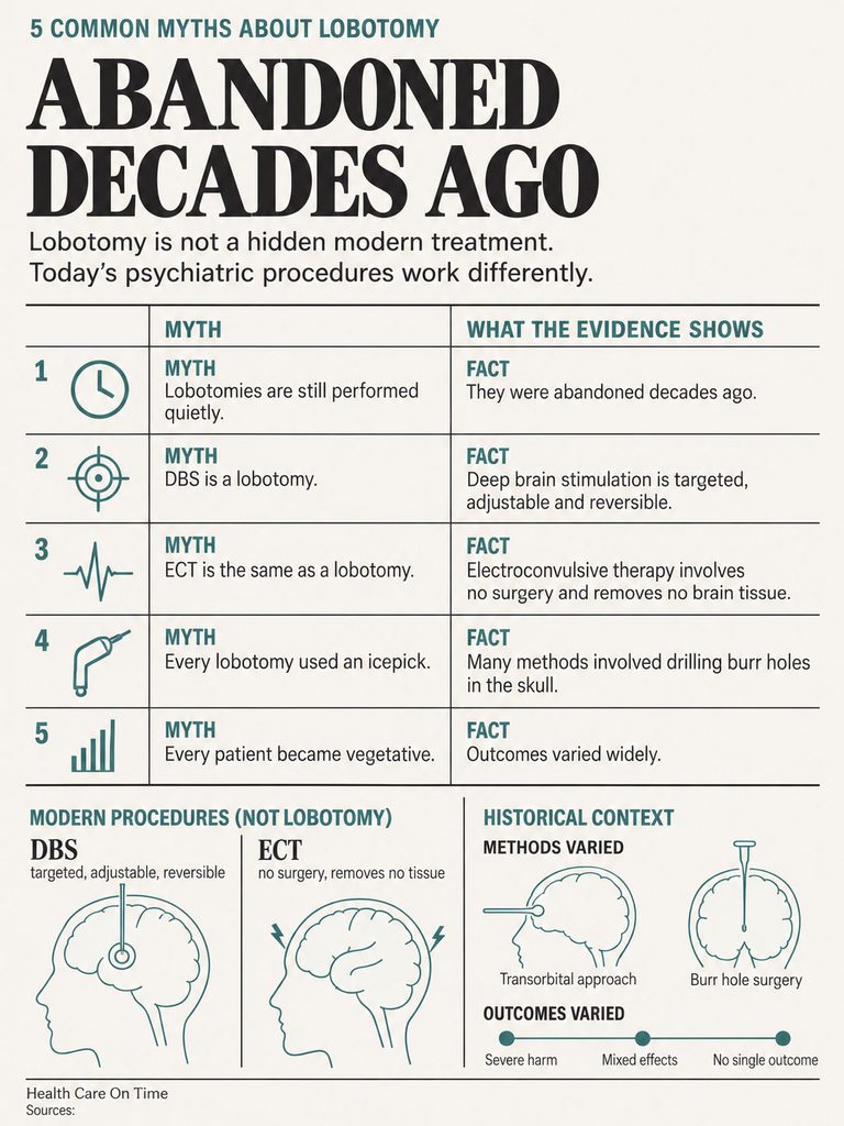 Infographic debunking myths about lobotomy, showing facts and modern procedures like DBS and ECT.