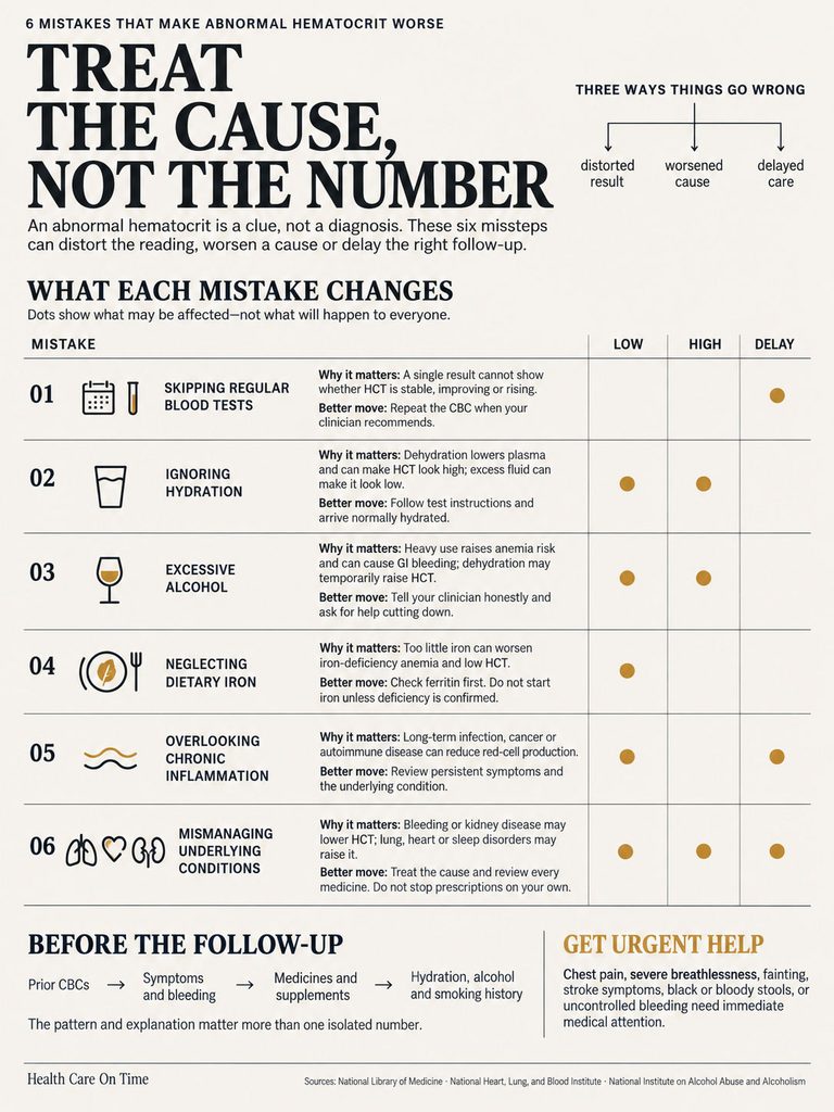 Infographic detailing six mistakes affecting abnormal hematocrit levels with explanations and recommendations.