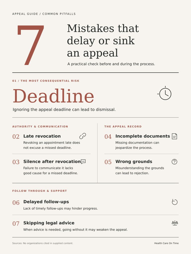 Infographic detailing 7 mistakes that delay or sink an appeal, including deadlines and documentation issues.