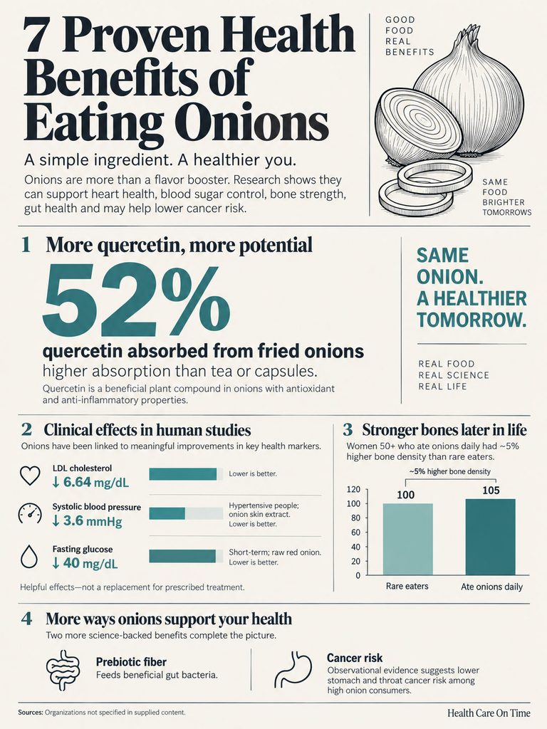 Infographic showing 7 health benefits of eating onions, including statistics and clinical effects on health markers.