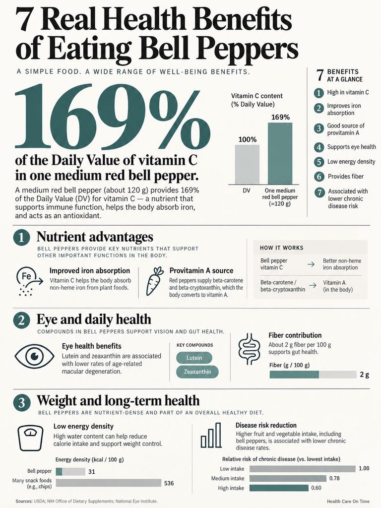 Infographic showing 7 health benefits of eating bell peppers, including vitamin C content and eye health benefits.
