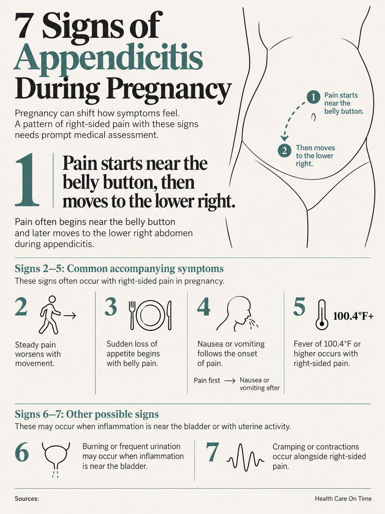 Infographic showing 7 signs of appendicitis during pregnancy with illustrations and symptoms listed.