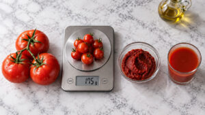 Fresh tomatoes, tomato paste, and juice on a kitchen scale with a marble background.