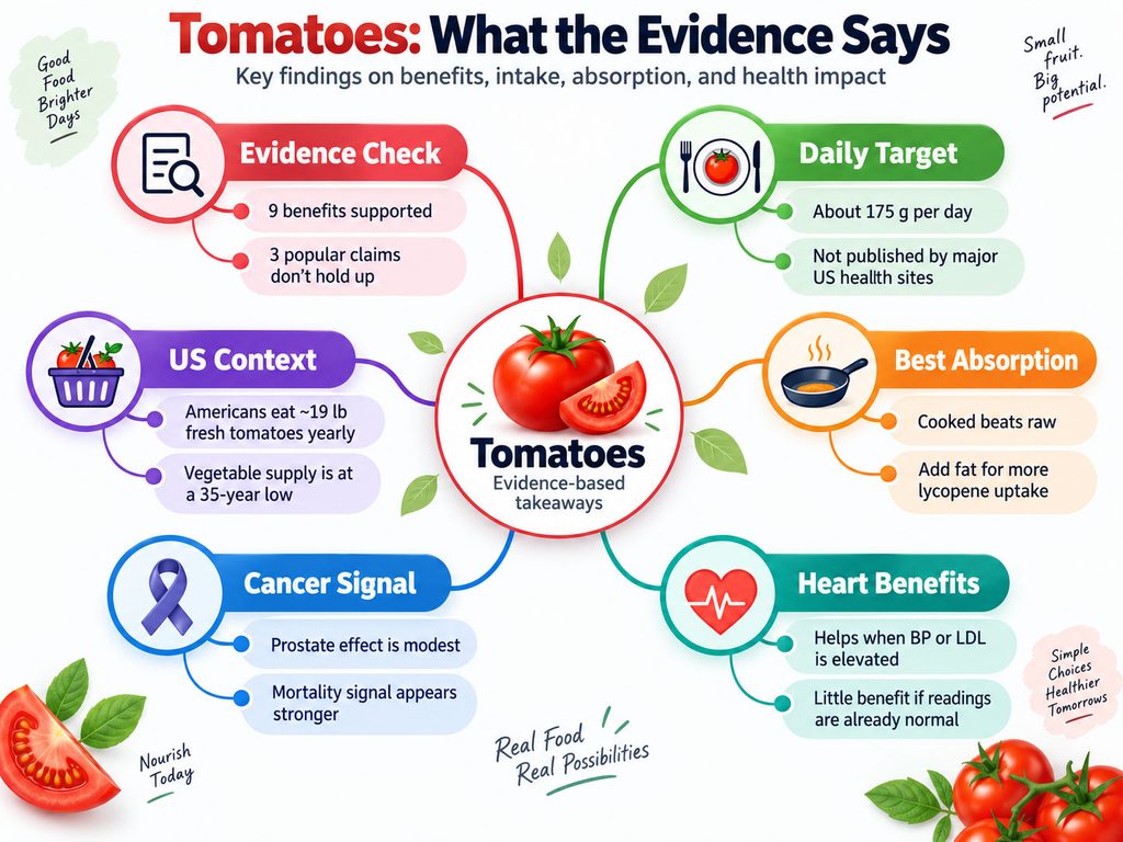 Infographic on tomatoes detailing benefits, intake, absorption, and health impact with charts and icons.