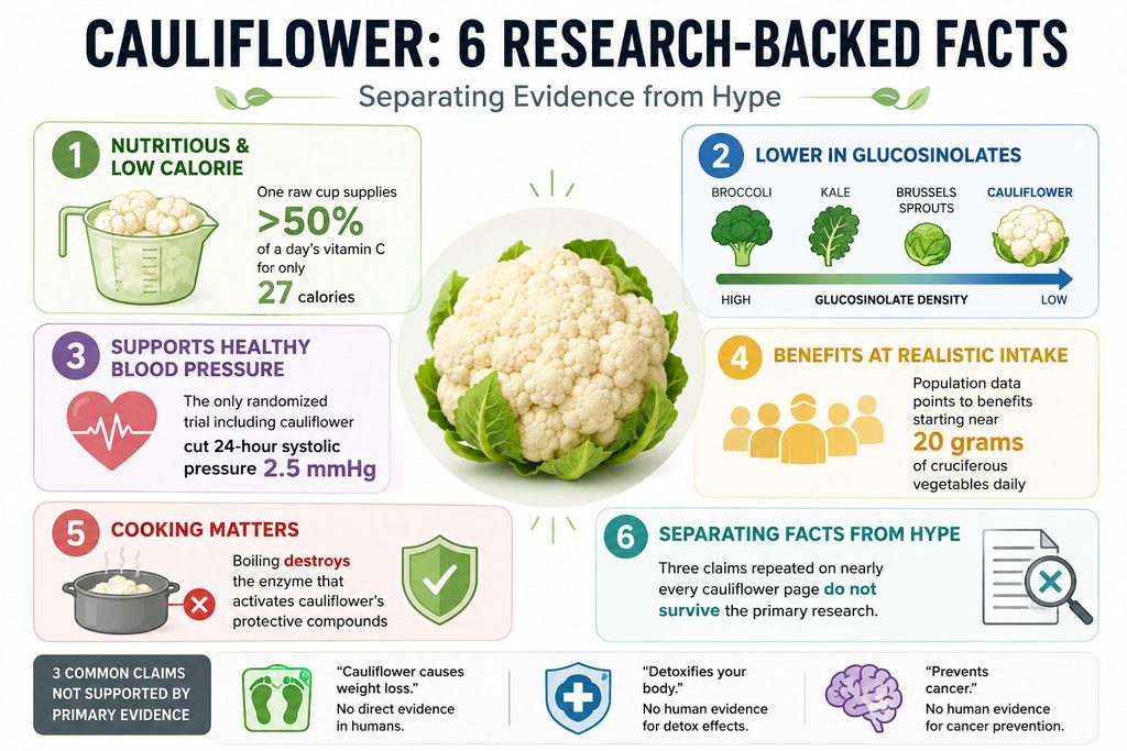 Infographic on cauliflower highlighting six research-backed facts, including nutrition, health benefits, and cooking methods.