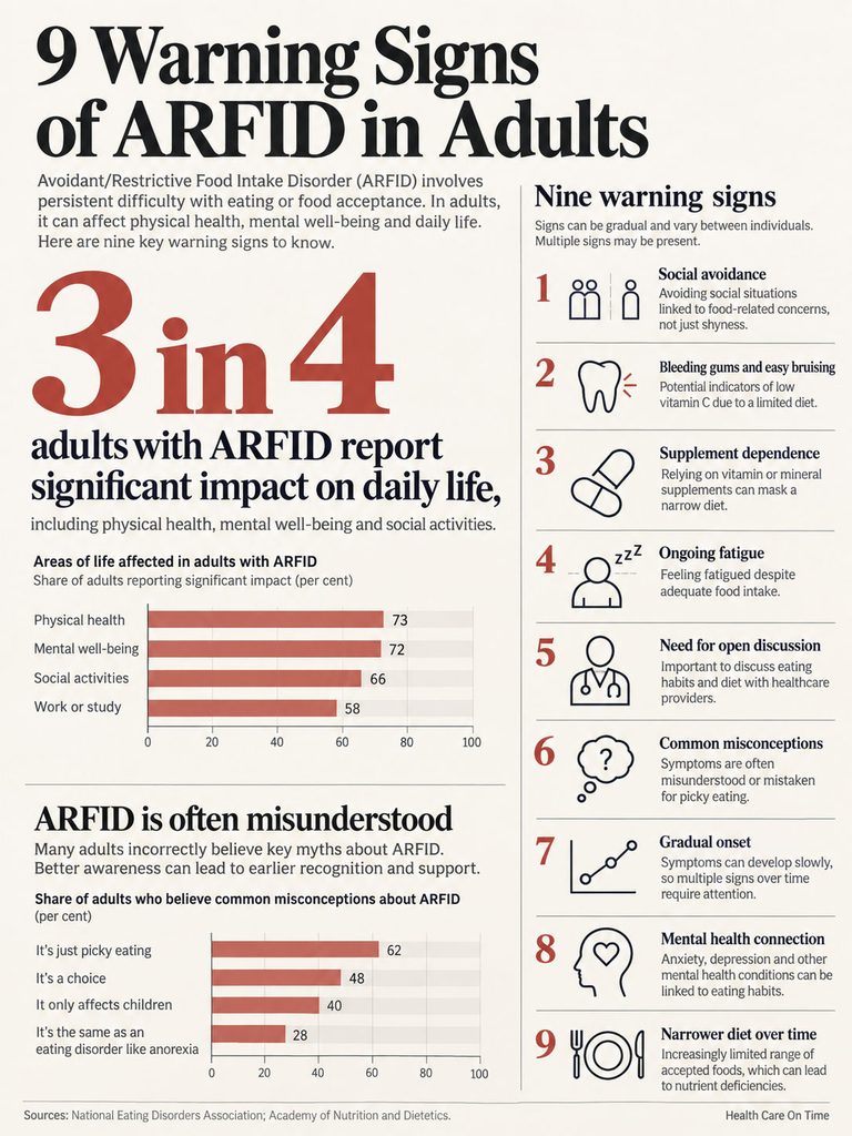 Infographic showing 9 warning signs of ARFID in adults with statistics and illustrations for each sign.