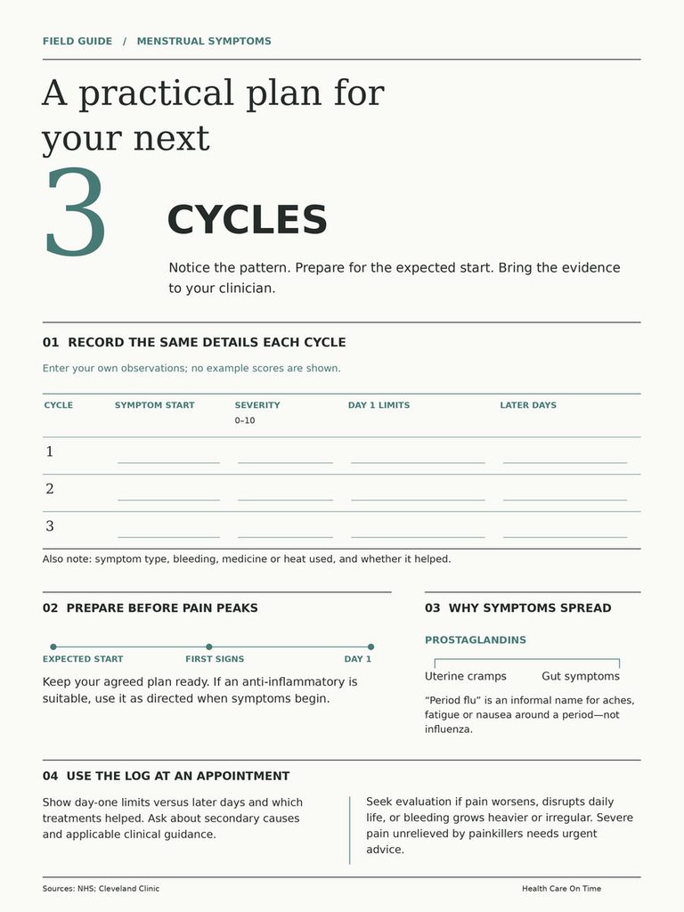 Infographic detailing menstrual symptom tracking over three cycles with sections for recording details and preparation tips.