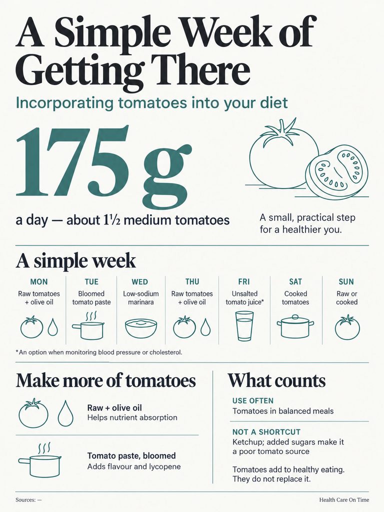 Infographic detailing a week of incorporating tomatoes into diet with meal suggestions and health tips.