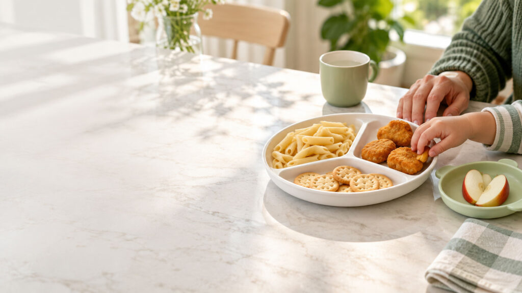 A child reaches for chicken nuggets on a plate with pasta and crackers, while an adult's hand is nearby.