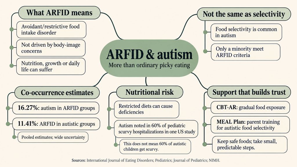 Infographic explaining ARFID and autism, including definitions, statistics, and support strategies.