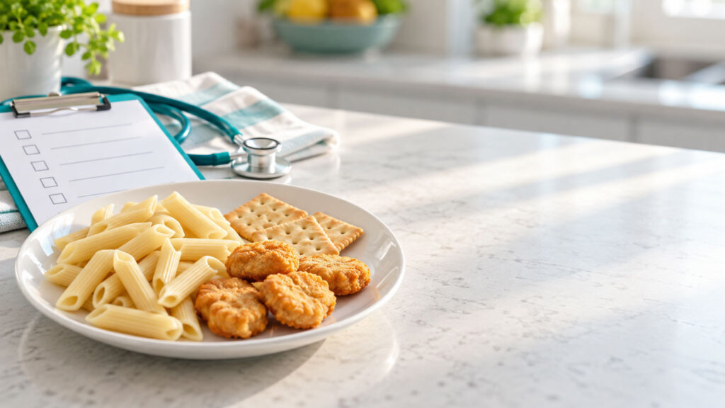 A plate with pasta, chicken nuggets, and crackers on a kitchen counter with a stethoscope and checklist nearby.