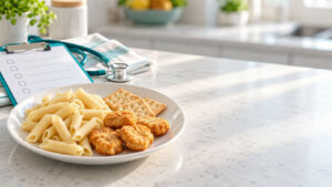 A plate with pasta, chicken nuggets, and crackers on a kitchen counter with a stethoscope and checklist nearby.