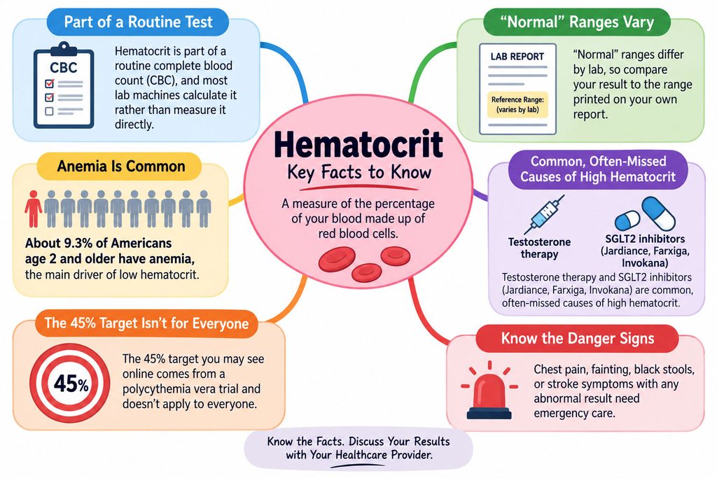 Infographic explaining hematocrit, its common causes, and danger signs with statistics and visual elements.