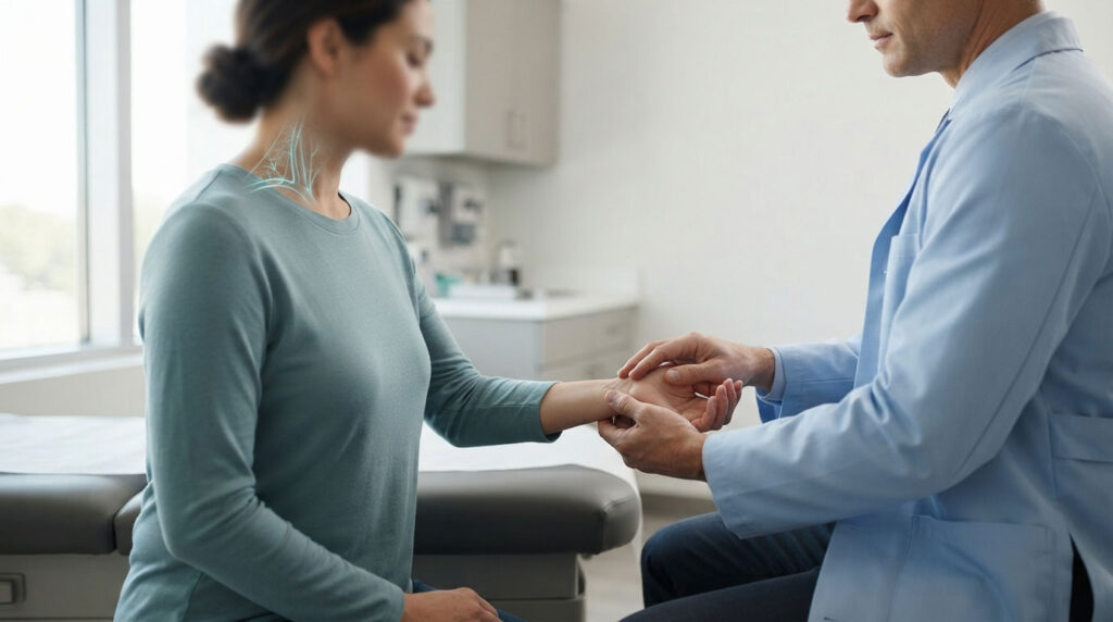 A doctor examines a patient's wrist in a medical office setting with soft lighting.