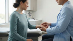 A doctor examines a patient's wrist in a medical office setting with soft lighting.