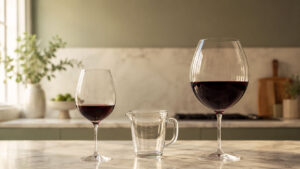 A large and small wine glass filled with red wine, alongside a glass measuring cup on a marble countertop.