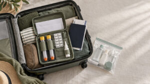 A packed suitcase with clothing, a passport, and travel essentials like medication and toiletries.