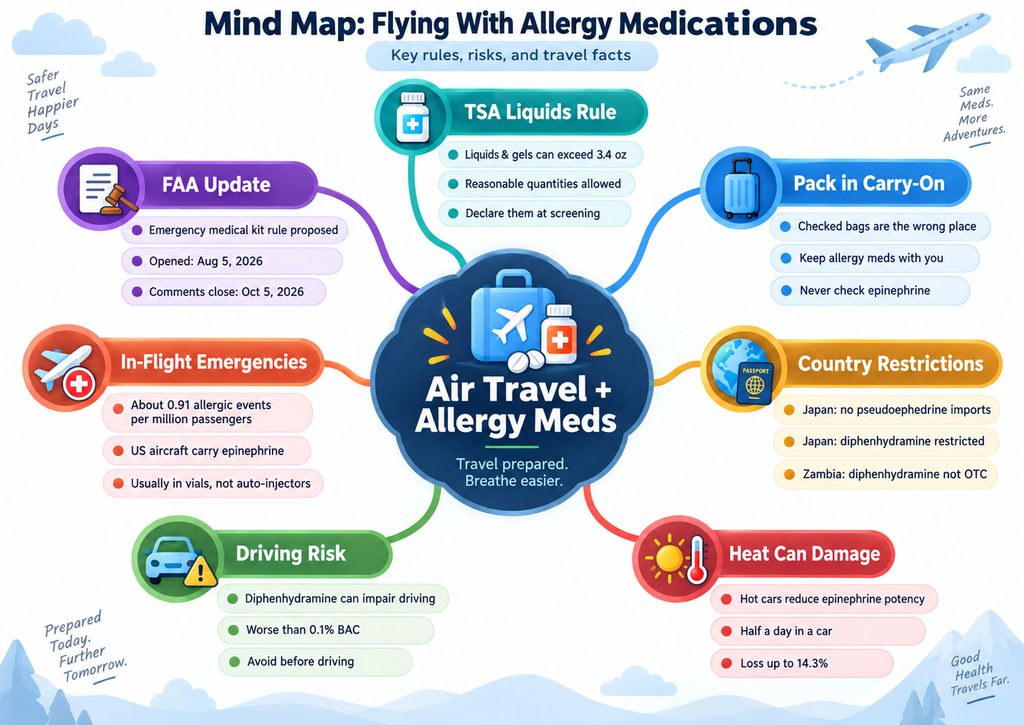 Mind map detailing air travel with allergy medications, including TSA rules, in-flight emergencies, and country restrictions. Infographic.