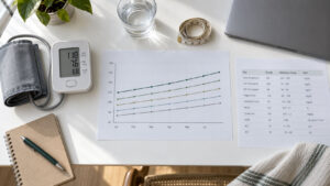A blood pressure monitor displays readings next to health charts, a notebook, and a glass of water on a table.