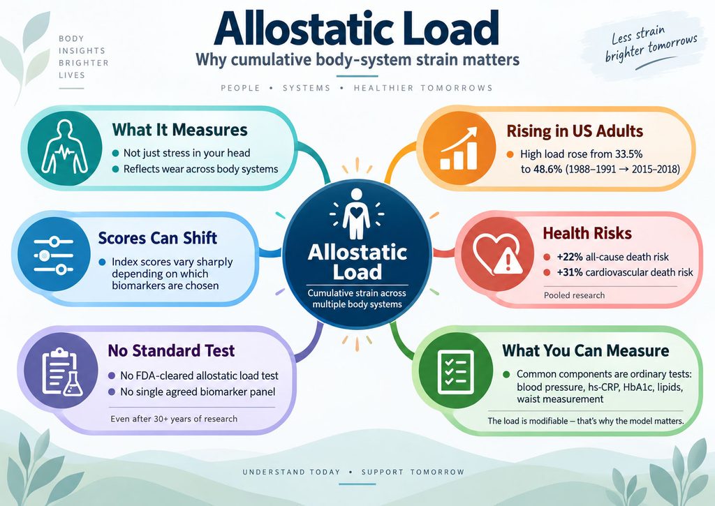 Infographic explaining Allostatic Load, showing health risks, measurements, and statistics related to body-system strain.
