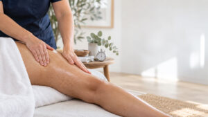 A therapist massages a client's leg with oil in a serene spa setting.
