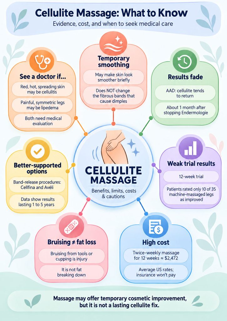 Infographic on cellulite massage, detailing benefits, costs, and medical advice with icons and statistics.