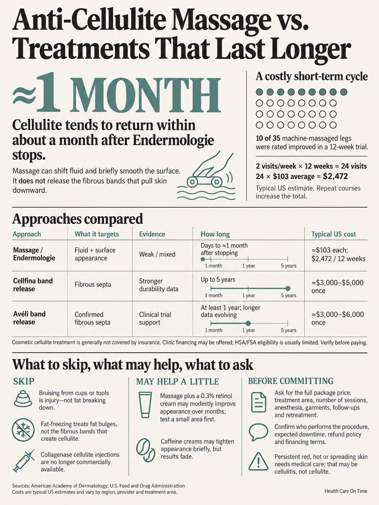 Infographic comparing anti-cellulite massage and longer-lasting treatments with data on costs and effectiveness.